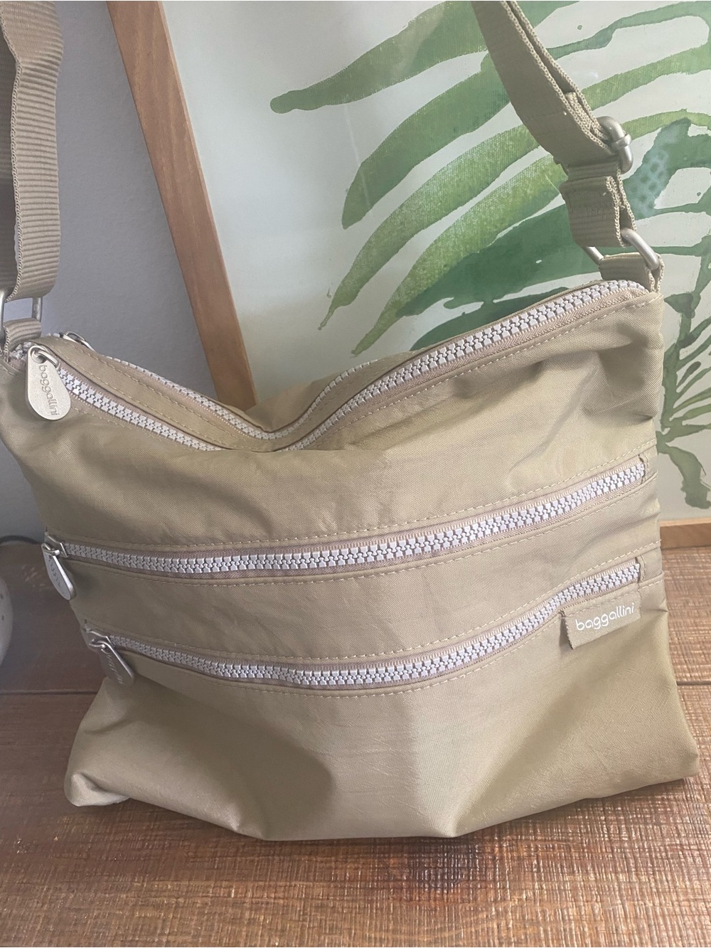 Baggallini Small Crossbody Bag in Khaki Beige with White Zippers